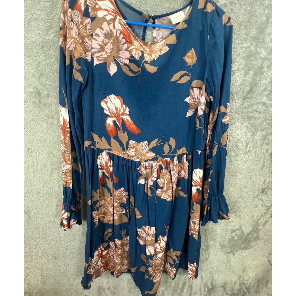 Cottagecore Teal Floral Long Sleeve‎ Babydoll Mini Dress Prairie Whimsigoth